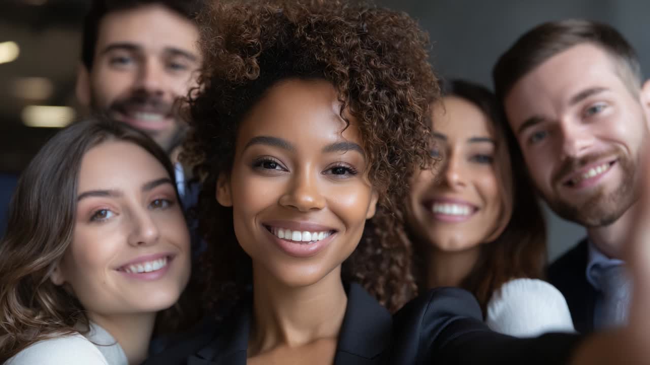 A joyful group of friends capturing a memorable moment through a selfie, showcasing authentic smiles and positive energy in a modern setting, emphasizing connection and camaraderie among individuals