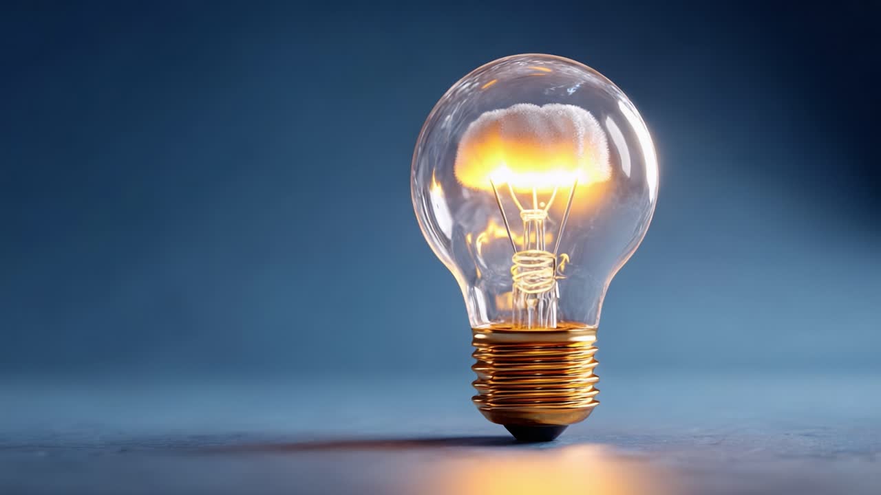 A mesmerizing light bulb showcasing a glowing filament and a unique design, radiating warmth and creativity against a soft blue background