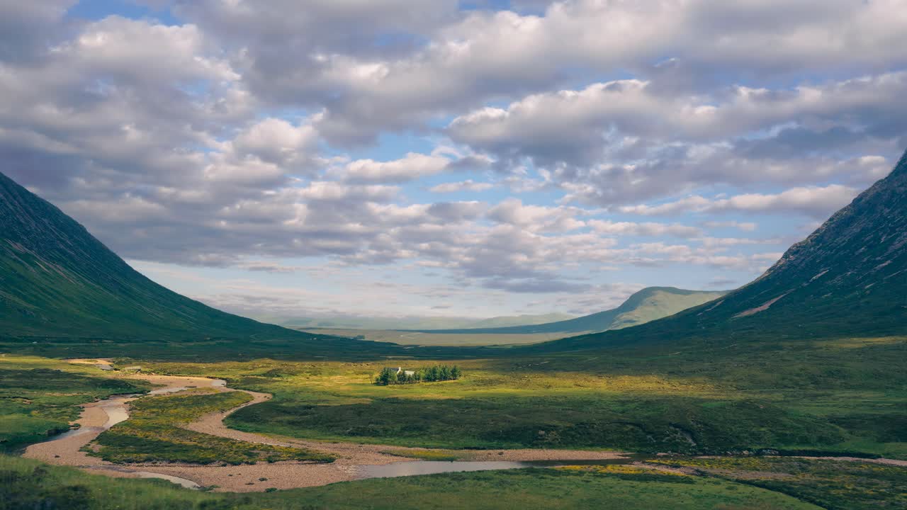 Cinemagraph time lapse of panoramic Scottish highland valley with fast clouds moving across blue sky