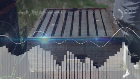 animating bar graph and waveform over wooden box outside in natural light