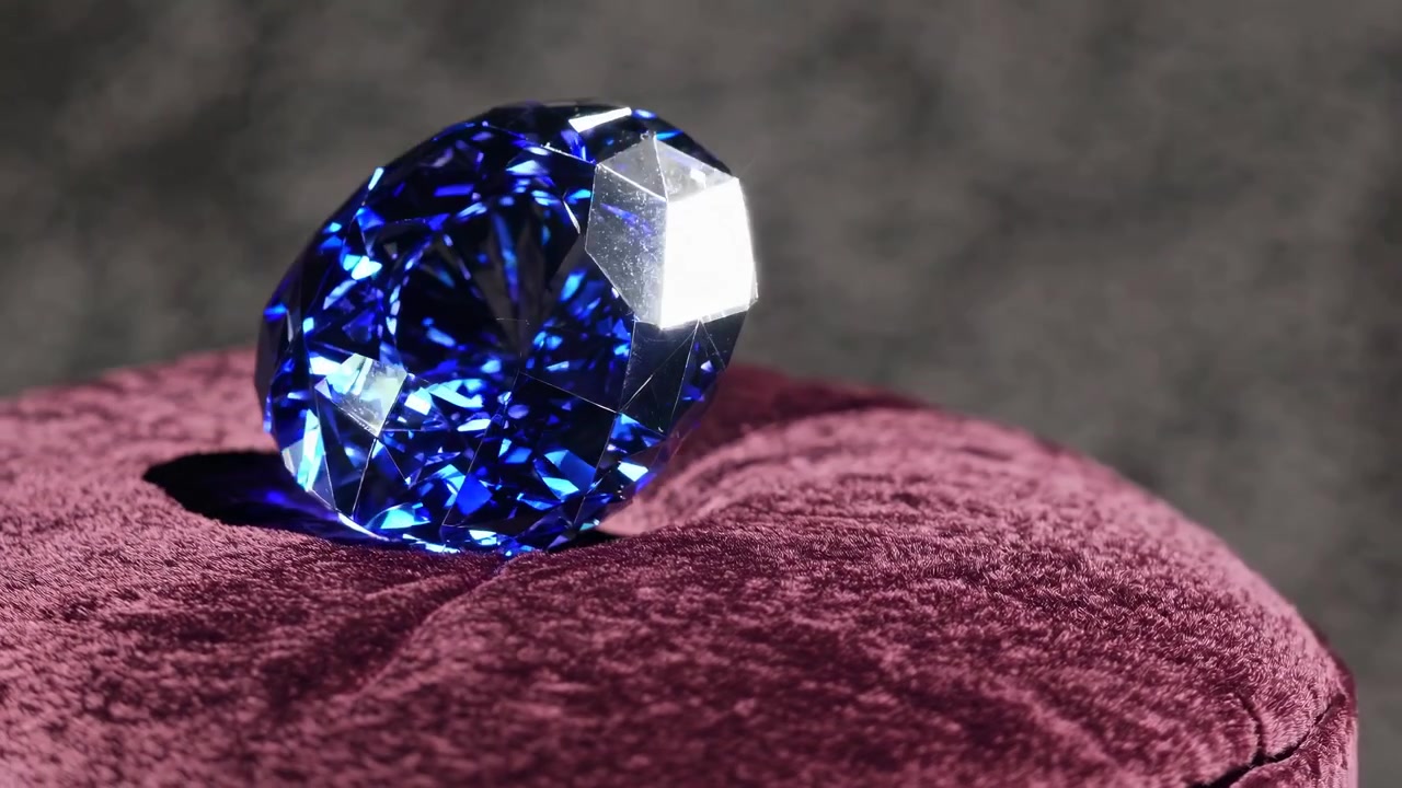 Luxurious Blue Diamond with Faceted Reflections on Velvet