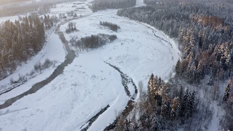 First-sunlight-shines-into-winter-meadow-with-river-and-surrounded-by-pine-trees