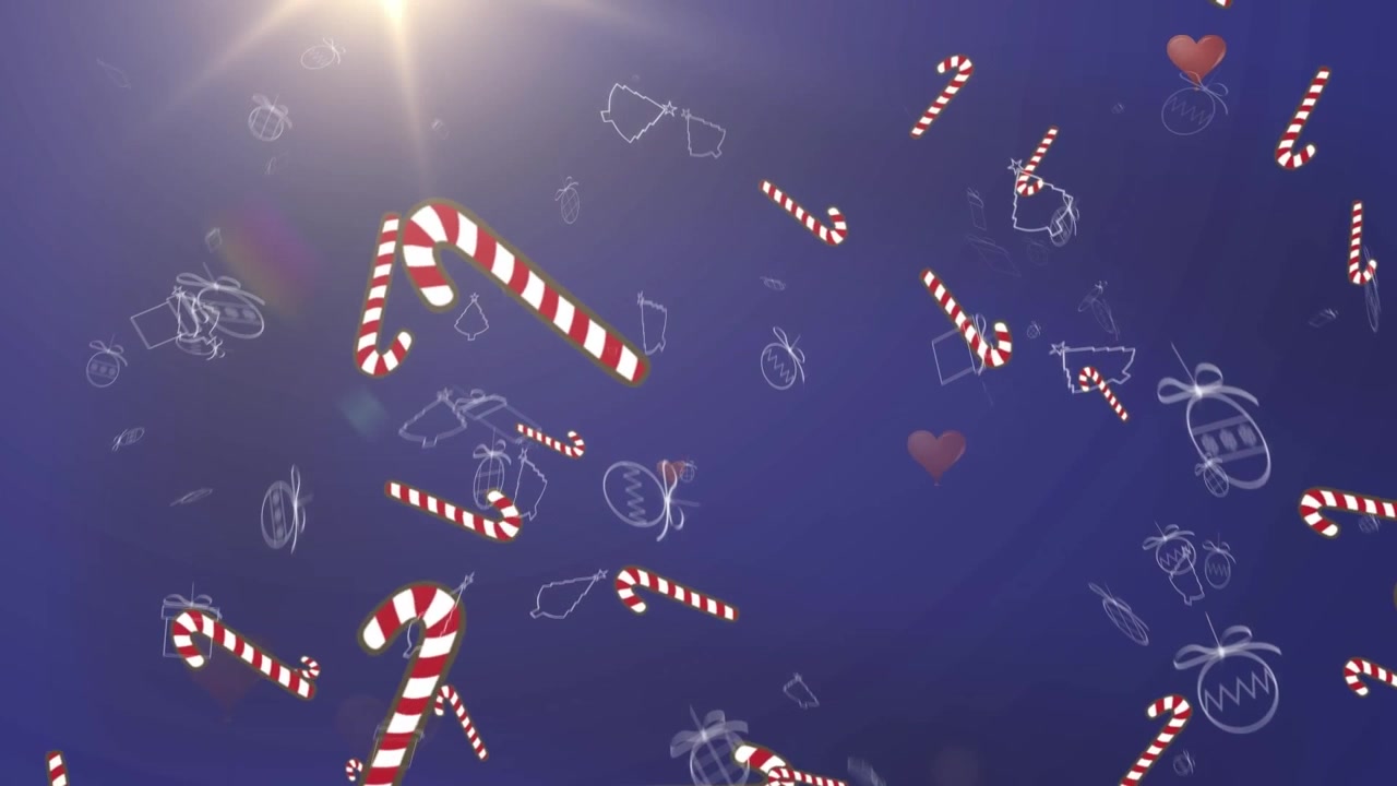 Animation of christmas decorations and candy canes falling over blue background