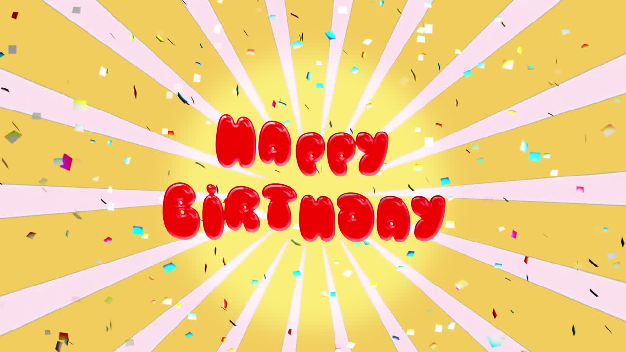 회전하는 노란색과  ⁇ 색 줄무 ⁇ 에 쓰여진 생일 축하