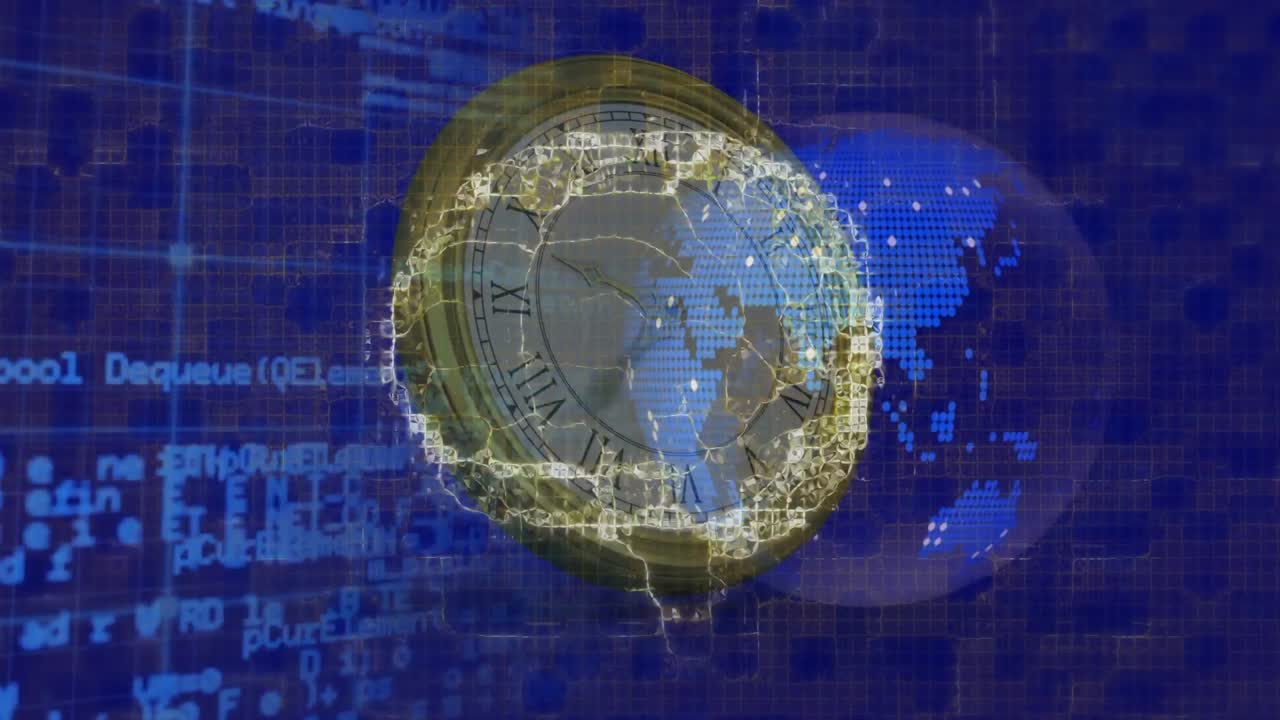 Animation of digital brain and moving clock over data processing and globe