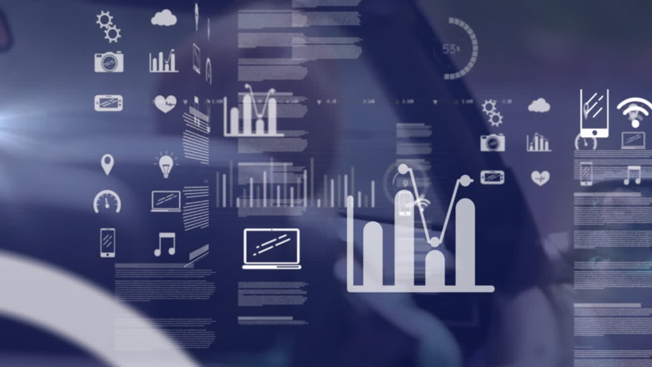 Animazione di icone di analisi dati e connettività su una persona che guida un'auto