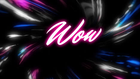 animation of wow text over light trails on black background