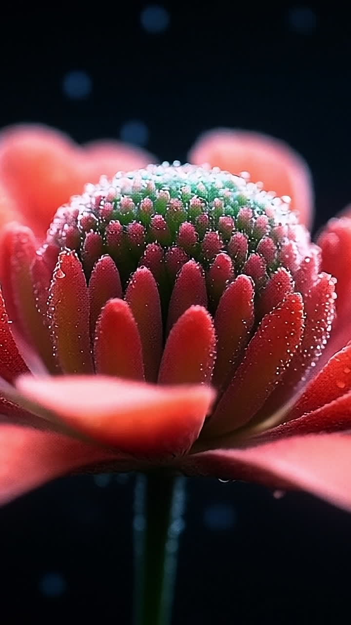 Fiore rosso con rugiada in primo piano