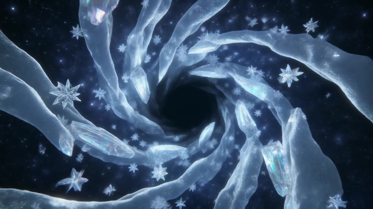 Abstract Tunnel of Rotating Ice Spikes and Floating Snowflakes