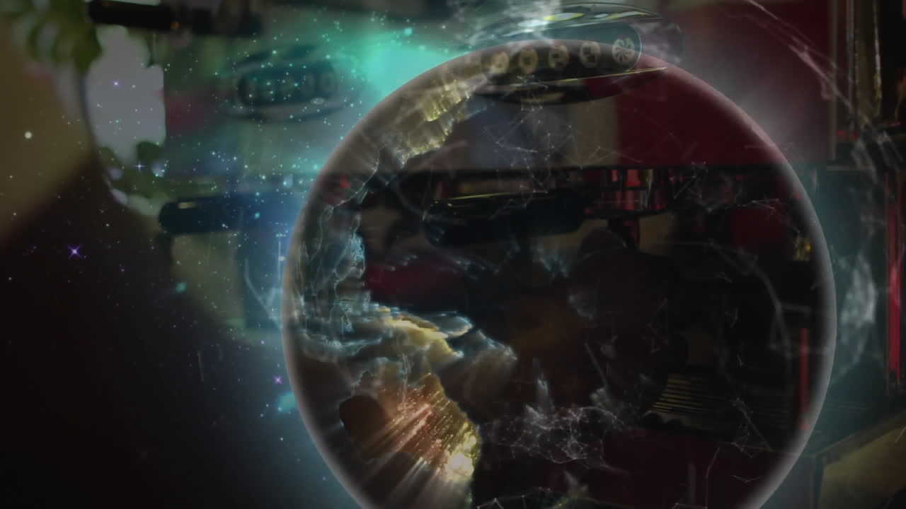 male driver analyzing network lines pulsing around holographic globe inside automotive cockpit