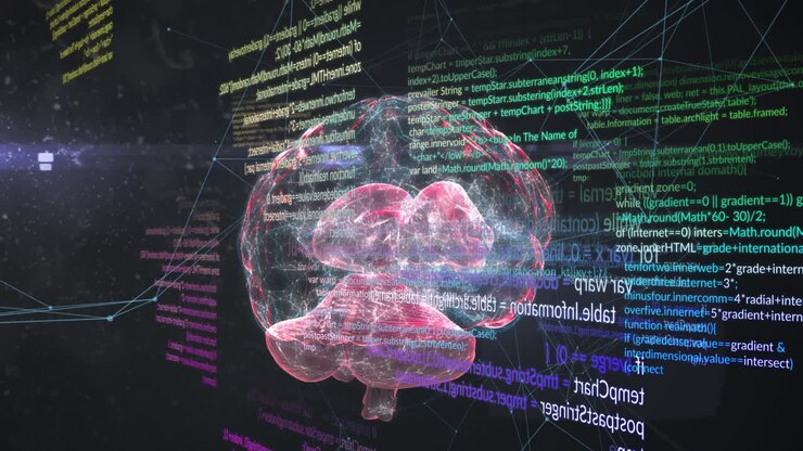 Animation of digital brain and data processing on black background