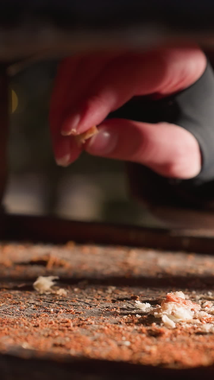 primer plano de la persona vista de la mano dejando caer alimento para pájaros dentro de la casa de pájaros en una base de madera, alimentando palomas en el parque de invierno, cuidado de la vida silvestre al aire libre, criando animales con efectos de luz bokeh