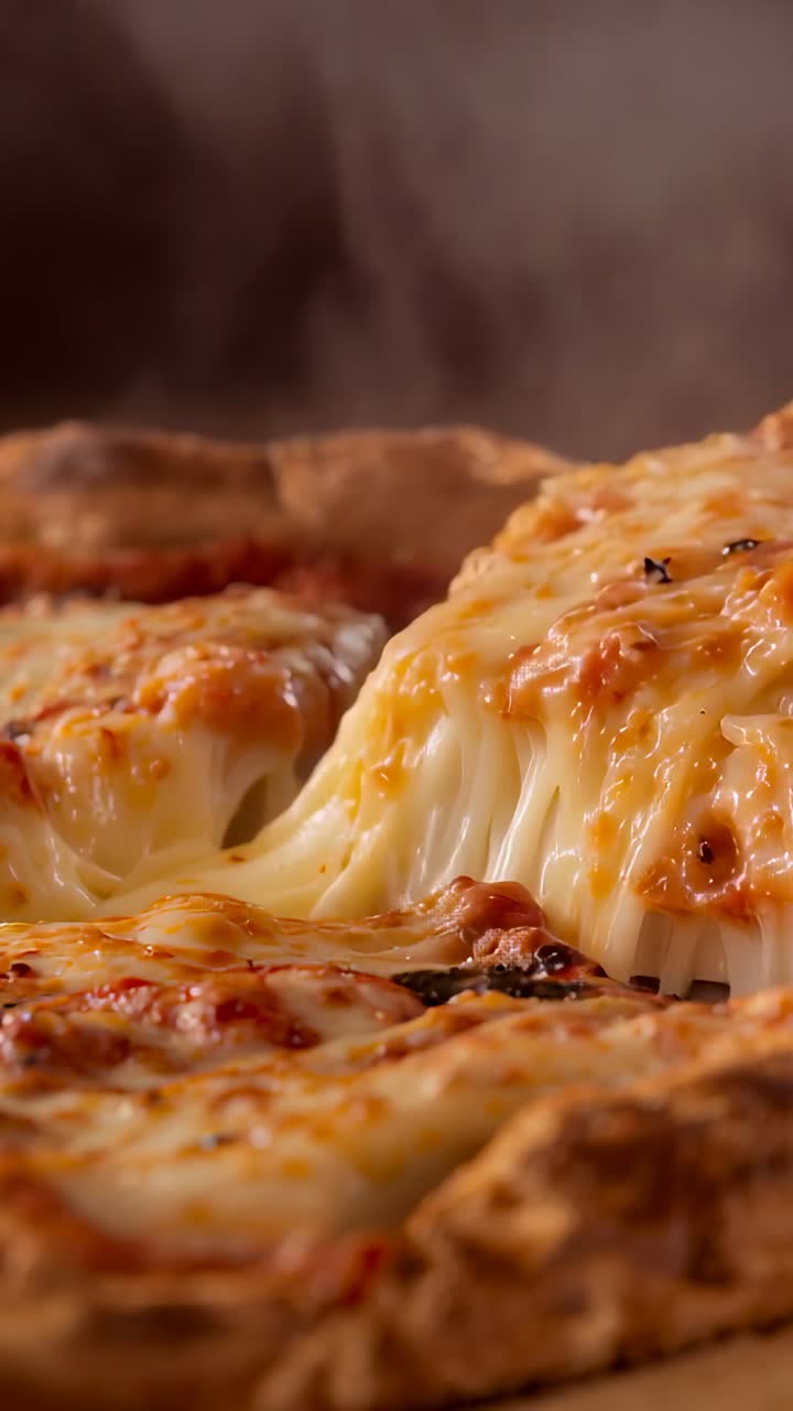 Video verticale: una spatola fa scivolare e solleva una fetta di pizza in cucina, tirando un filo di mozzarella per servire