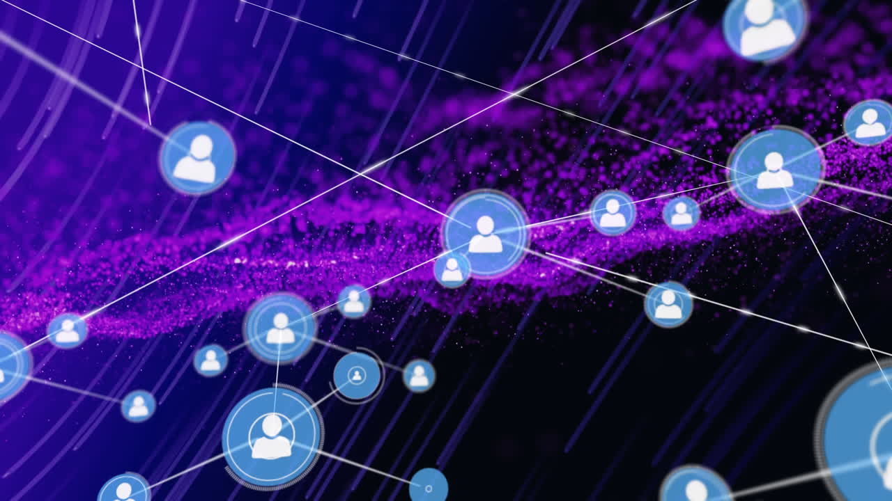 animación de la red de conexiones con iconos y puntos sobre fondo negro