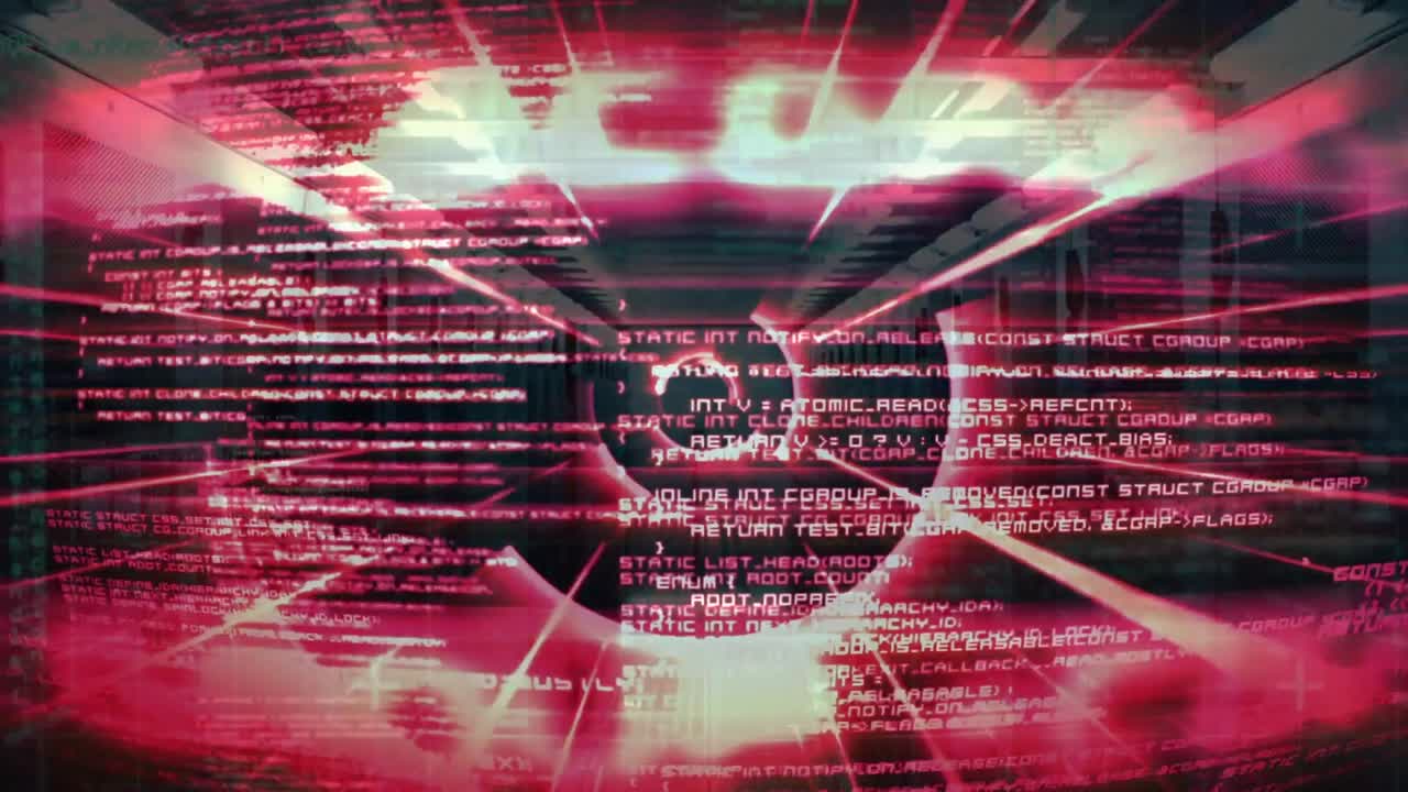 animación de túnel circular sobre lenguaje de computadora en bucle contra la sala de servidores en el fondo