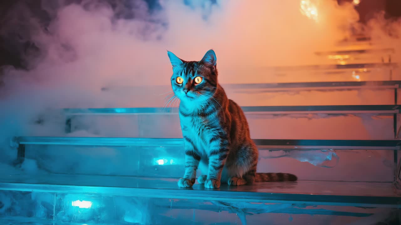 A cat on stairs with neon lights and smoke