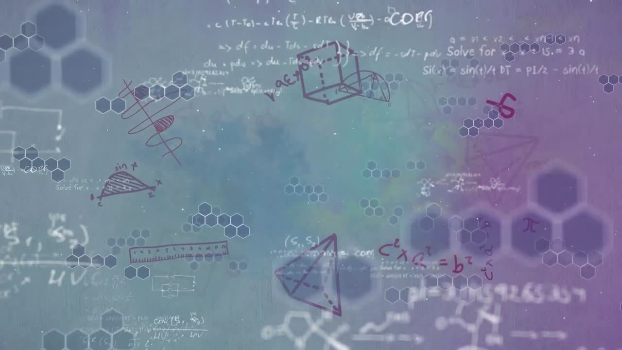 ecuaciones matemáticas contra estructuras moleculares en fondo púrpura