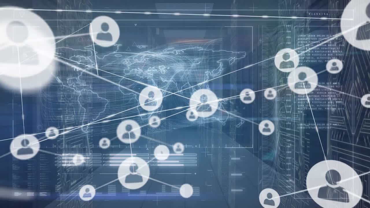 Animation of network of connections with icons over data processing and world map