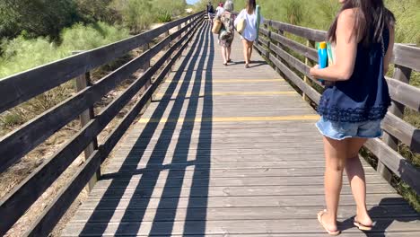 women walking towards the beach on a sunny day