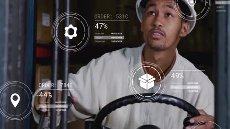 Animation-of-icons-with-data-processing-over-biracial-male-worker-using-lift-truck-in-warehouse