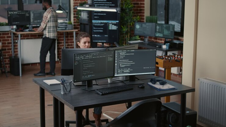 Senior developer coding on laptop at desk with computer screens parsing code