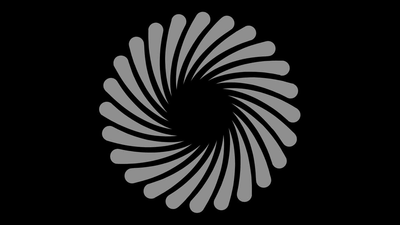 16:9 영상 형식으로 풀 스크린에서 중앙으로 사라지는 크기를 줄여 시계 방향으로 회전하는 스트로보스코픽 및 최면 효과를 가진 흑백 그래픽 객체