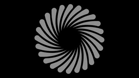 objeto gráfico en blanco y negro con efecto estroboscópico e hipnótico, que gira en el sentido de las agujas del reloj disminuyendo el tamaño de pantalla completa a desaparecer en el centro, en formato de video 16: 9