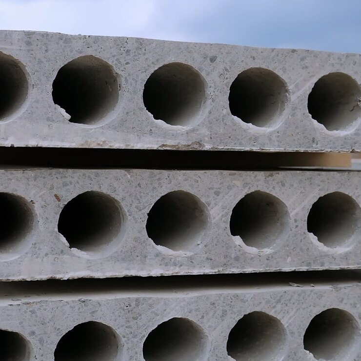 Store betonblokke med huller i midten. Byggemateriale stablet udendørs. Tæt på