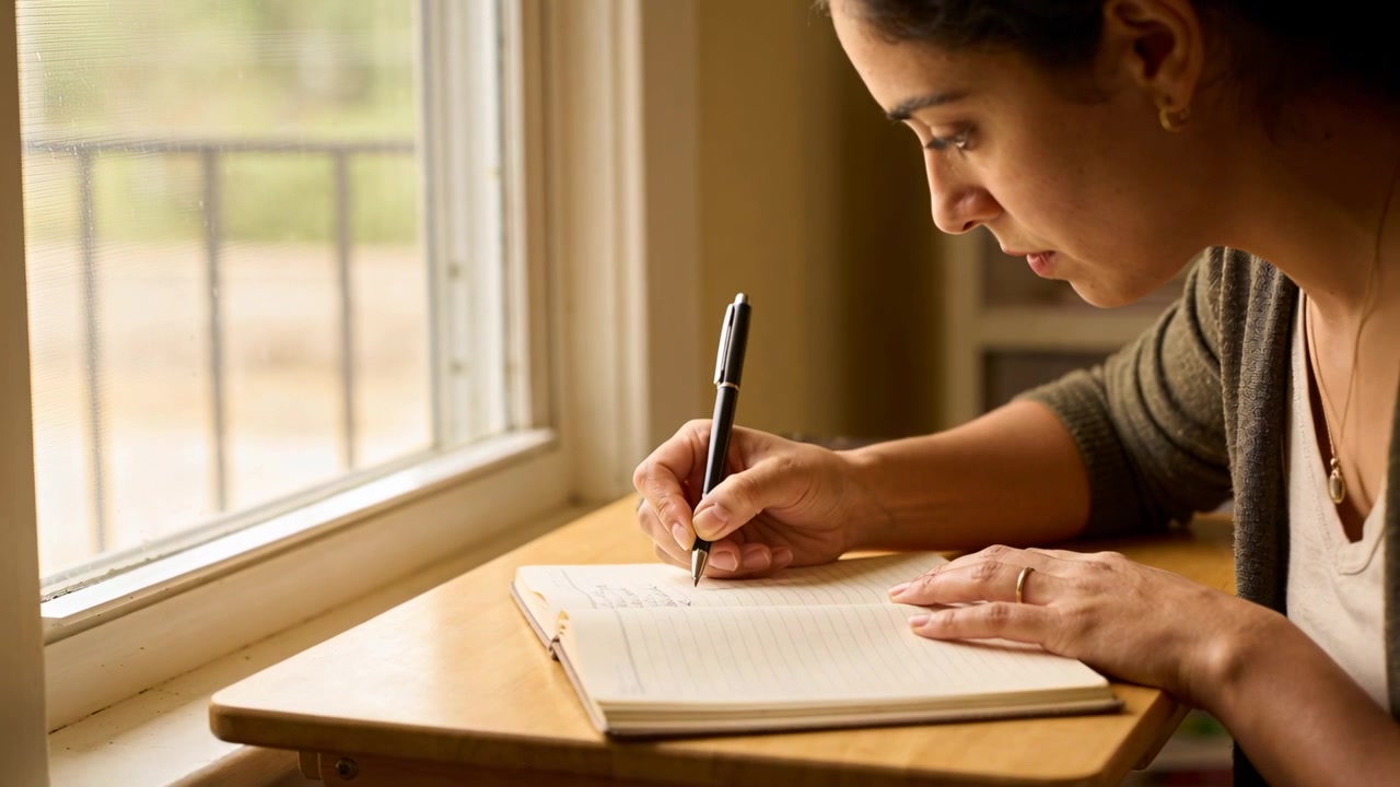 Mulher escrevendo em um cardigã verde suave, caneta em riste, abaixando-se para o caderno na janela, firmando a página