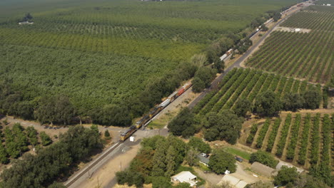 Vista-Aérea-De-Drones-Desde-La-Distancia-De-Un-Largo-Tren-De-Carga-Que-Pasa-Por-Una-Granja-Agrícola