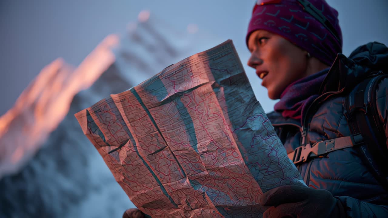 Nærbillede af en kvindelig vandrer iført vintertøj og handsker, der læser et foldet papirkort udendørs i sneklædte bjerge ved solopgang, koncept for rejse, navigation og eventyr.
