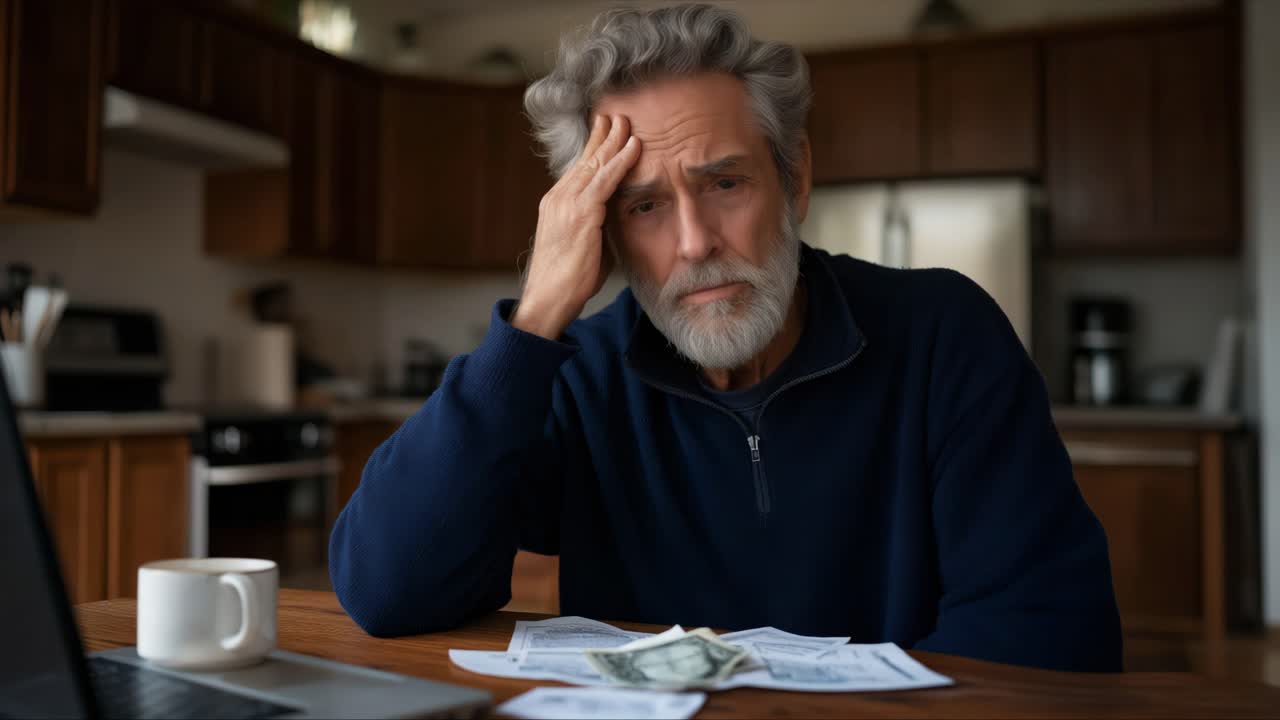 Elderly man stressed over bills at table