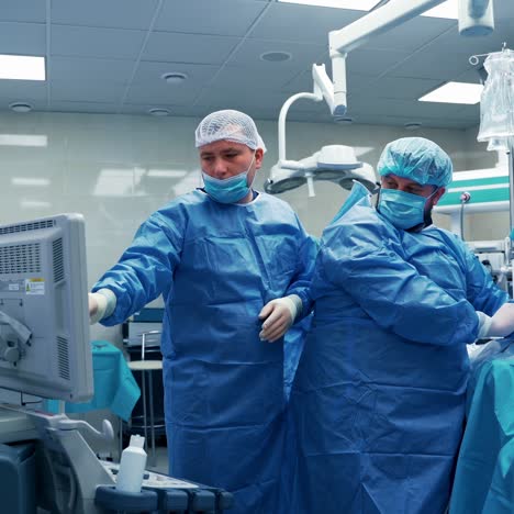 team surgeon at work in operating room. modern equipment in operating room. medical devices for neurosurgery.