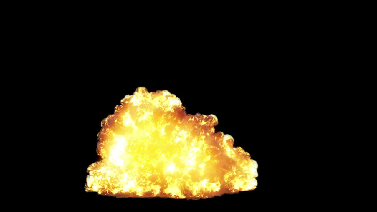 Realistic explosion with fire and thick black smoke, originating from the side. VFX element for action scenes, isolated on a black background