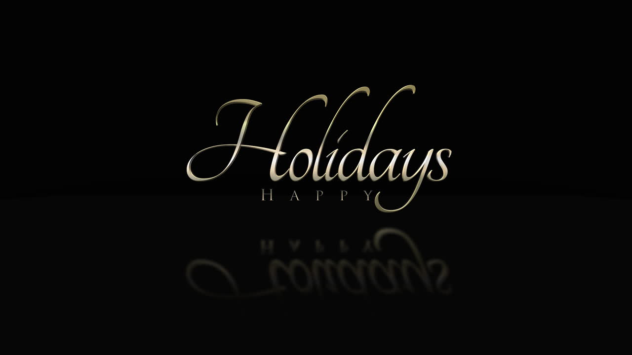 Happy Holidays logo on black background with gold text and water reflection