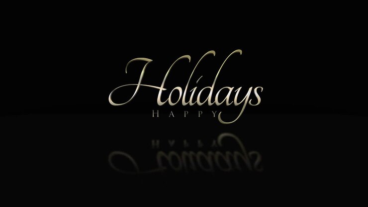 Happy Holidays logo on black background with gold text and water reflection