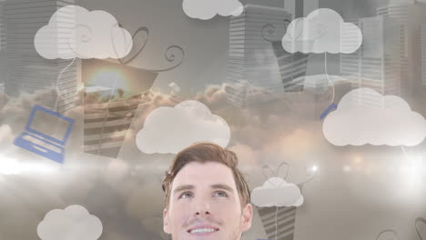 animación de un hombre de negocios con nubes e iconos digitales
