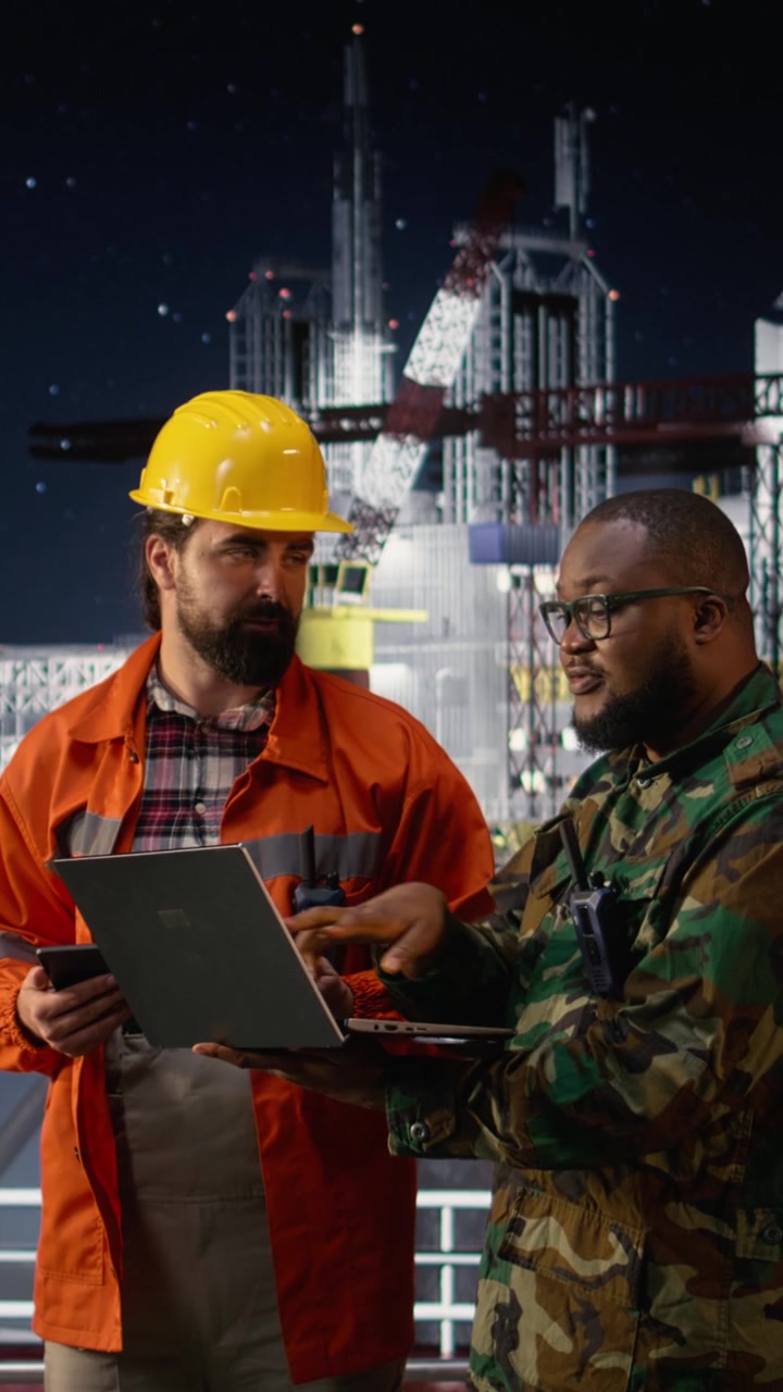 Vertical video Monitoring offshore rig resources, oil crisis geopolitical conflict and soldier