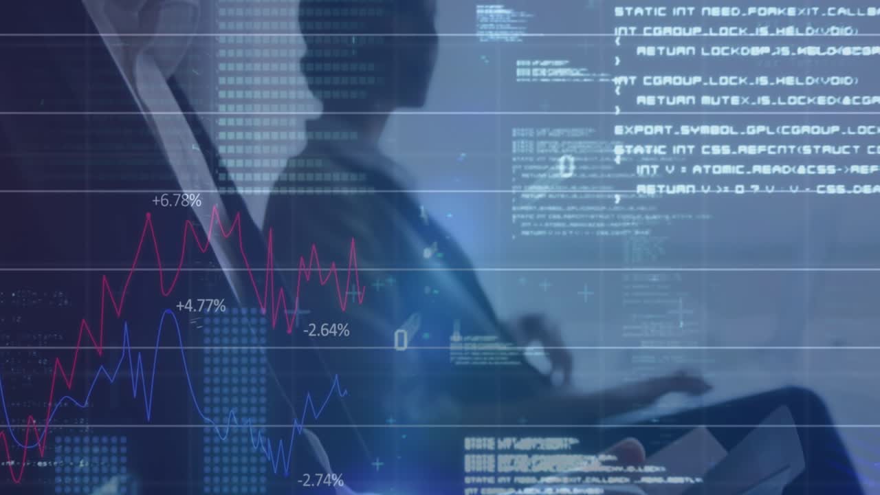 Elaborazione dati statistici sovrapposta a un uomo d'affari e una donna d'affari caucasici che leggono documenti