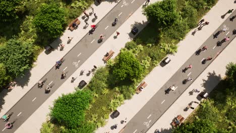 bicycles with bicyclists moving on two bicycle roads inside a forest with pedestrians walking and talking at the side, top view 3d animation