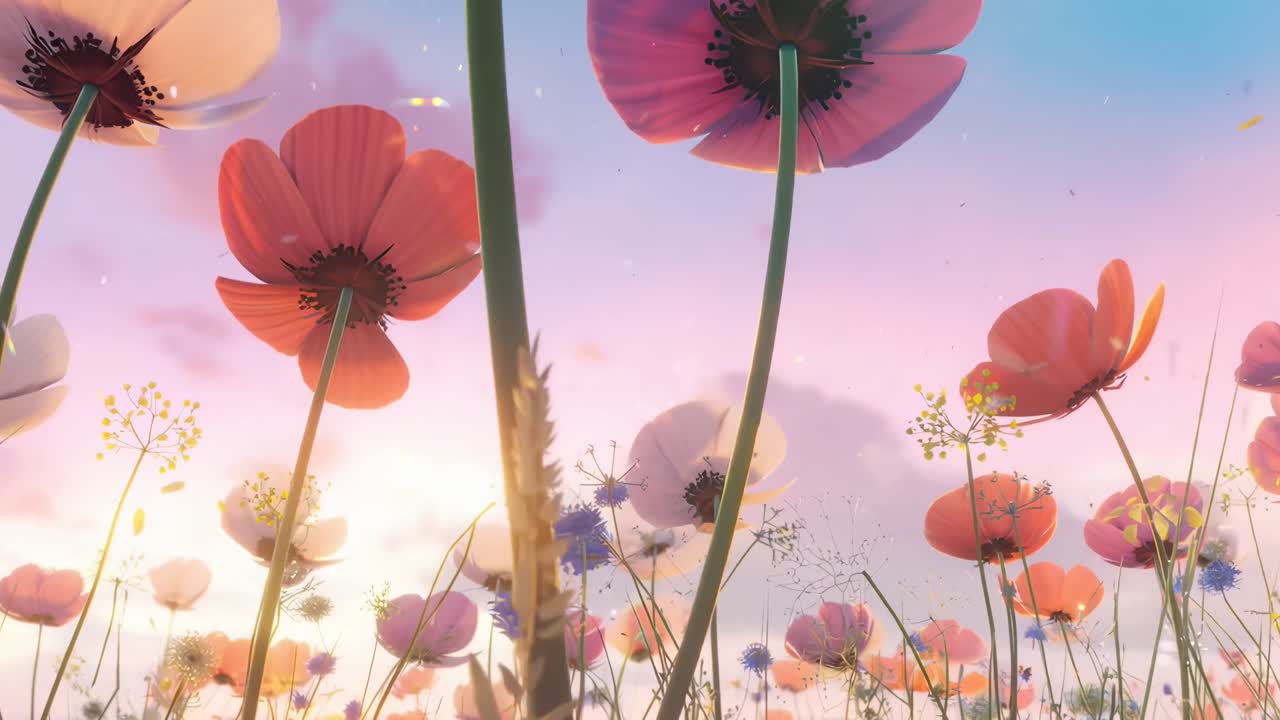 Low-angle video of vibrant flowers against a pastel sky, creating a dreamy, serene scene