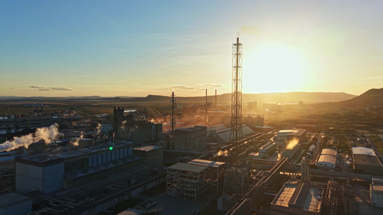 Smoke and steam rise from industrial buildings at sunset in a factory area