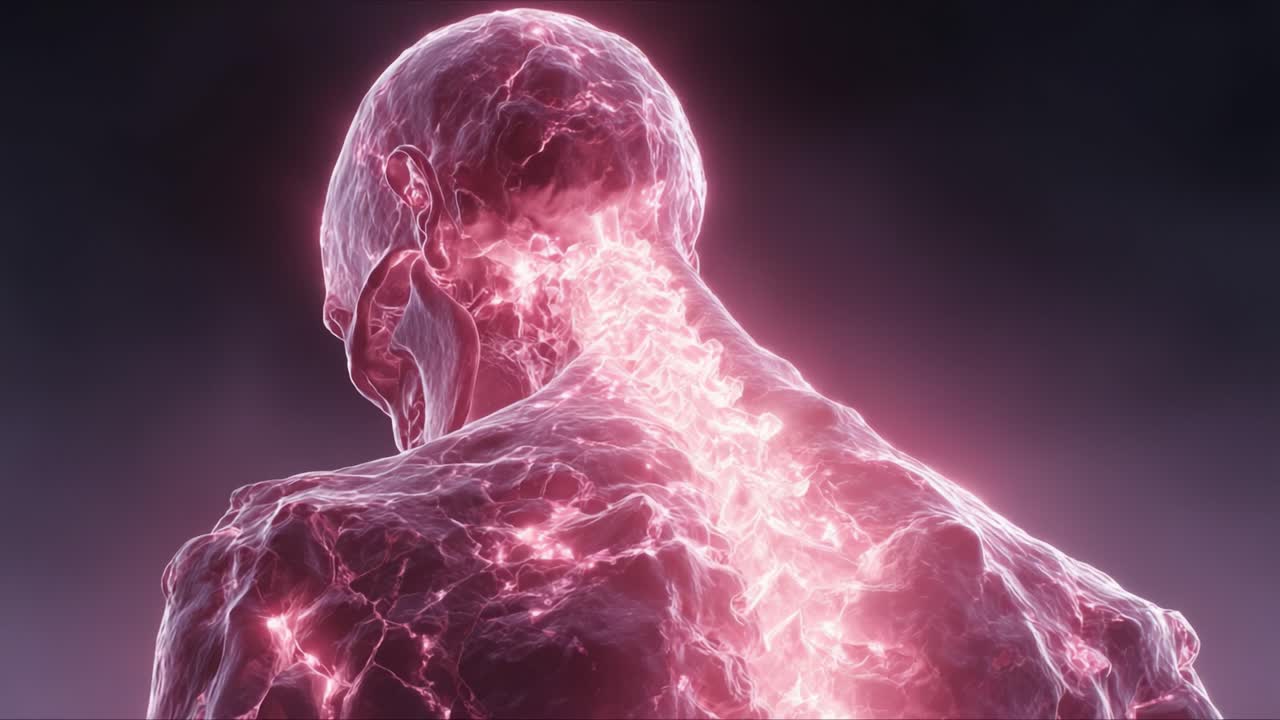 Affascinante visualizzazione della colonna vertebrale umana e della regione del collo: una connessione luminosa di anatomia ed energia in una suggestiva esposizione di bioelettricità e forma.