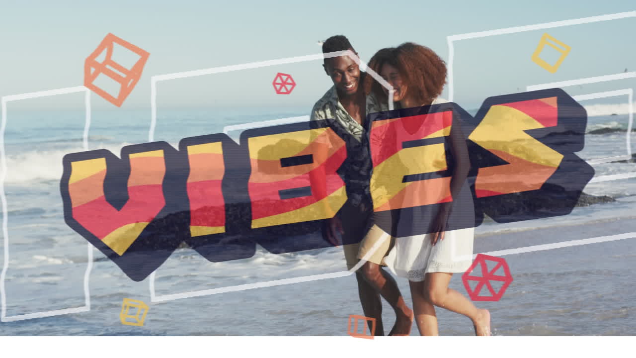 formas abstractas sobre vibraciones texto contra pareja afroamericana caminando juntos en la playa