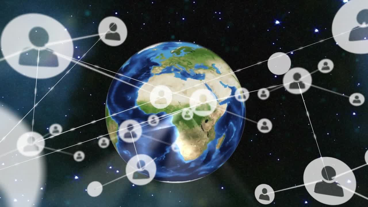 Campo estelar iniciando, globo terrestre 3D girando enquanto sobreposições emergem, ícones de avatar se conectando por linhas.