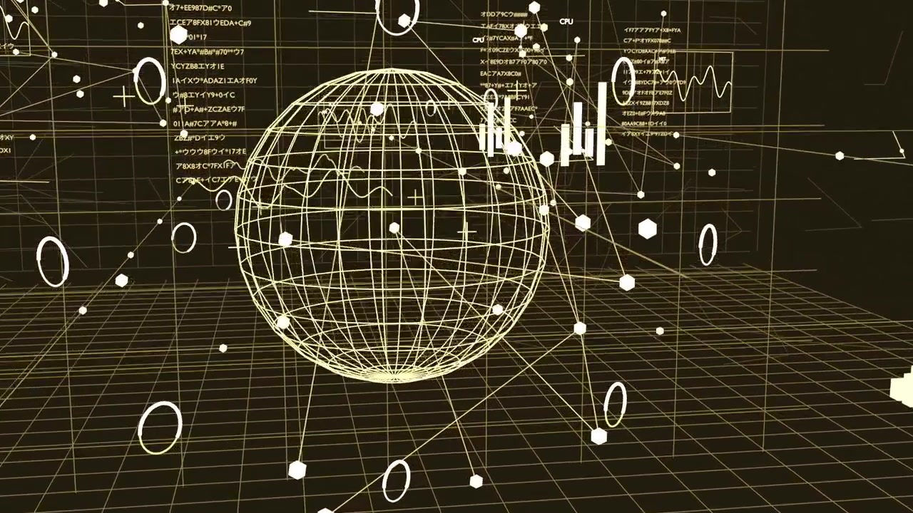 Turning wireframe sphere orbiting nodes and linking lines as cam moving closer in grid for insight