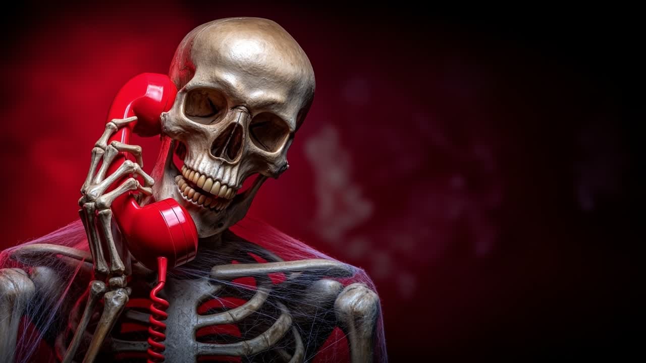 Primo piano di uno scheletro che tiene una cornetta telefonica rossa in un'ambientazione gotica e inquietante