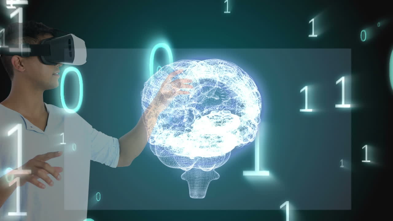 usando auriculares de realidad virtual, persona interactuando con el cerebro digital y el código binario