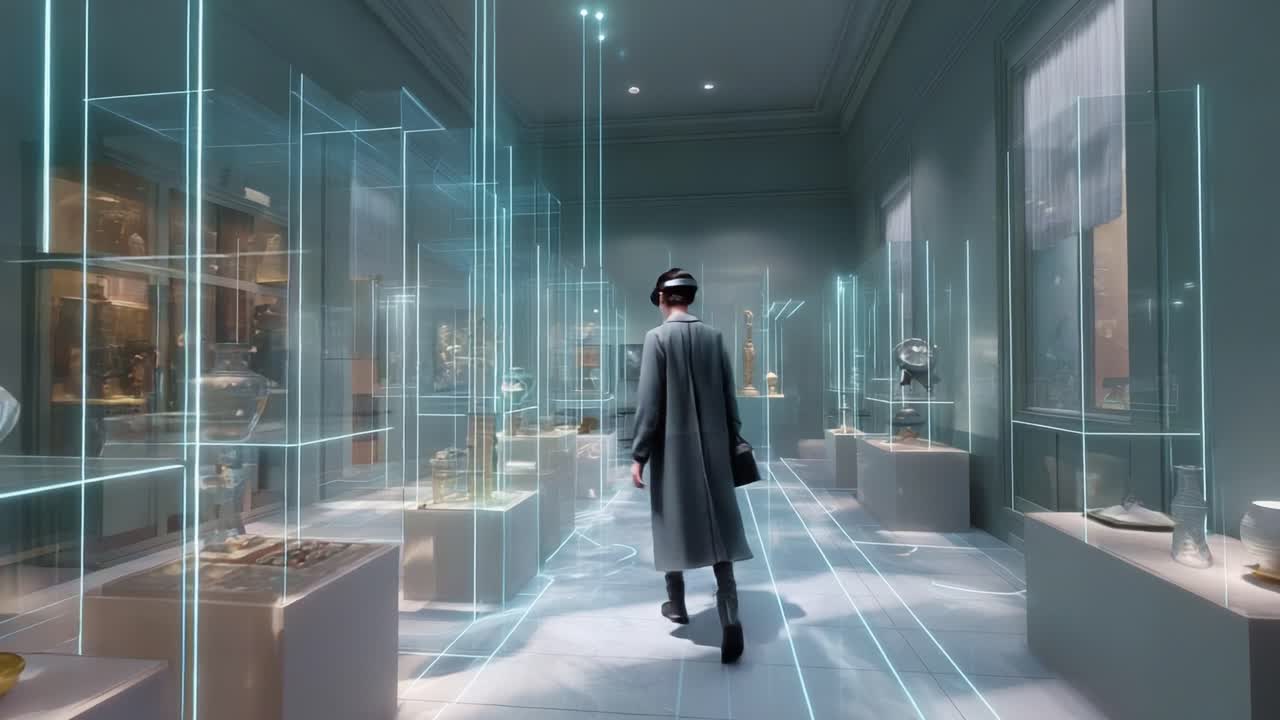 A Visitor Exploring an Art Gallery Filled with Modern Showcase Designs, Illuminated Display Cases, and Digital Aesthetics, Capturing the Fusion of Tradition and Innovation in Museum Spaces