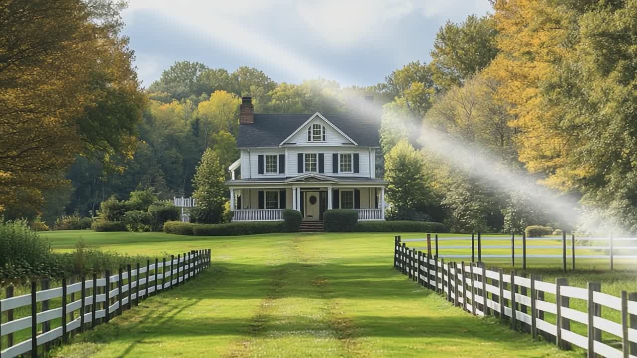 Charming farmhouse in greenery. A beautiful farmhouse stands in a lush landscape, surrounded by trees and a white picket fence under a clear sky.